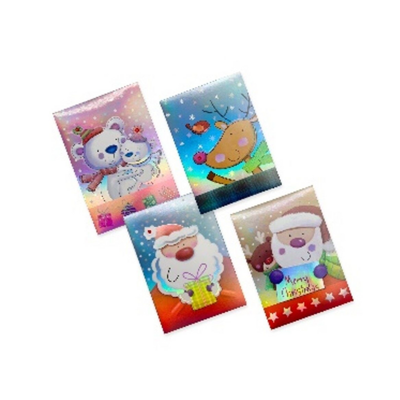 6-pack cute Christmas cards with iridescent and 3D designs, assorted festive characters