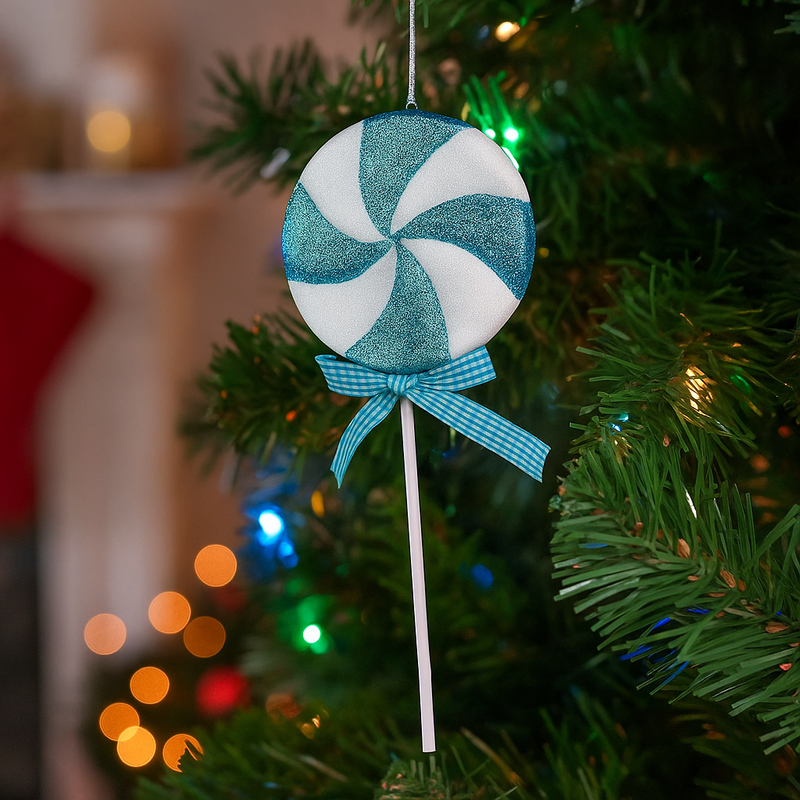 Christmas Candy Cane Pick 41cm in blue and white stripes with glitter accents, perfect for festive wreaths and tree decorations.