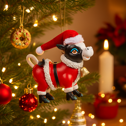 Small 8cm Christmas cow figurine wearing a red Santa suit and hat, ideal for festive tabletop or tree decoration