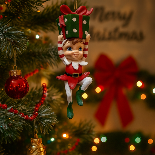 12cm Christmas elf ornament holding a present, festive and colorful holiday decoration for trees and displays
