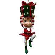 12cm Christmas elf ornament holding a present, festive and colorful holiday decoration for trees and displays