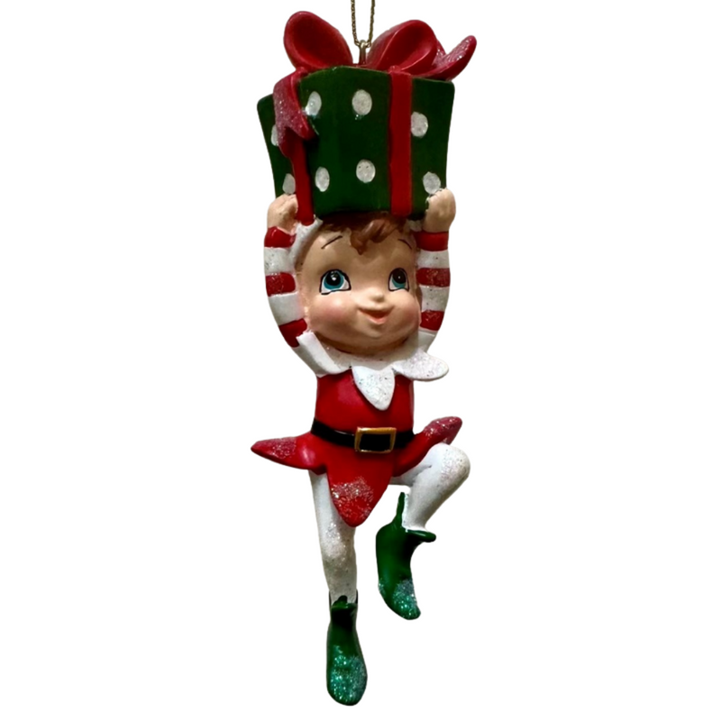 12cm Christmas elf ornament holding a present, festive and colorful holiday decoration for trees and displays