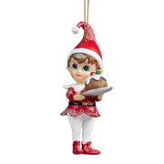 Christmas Elf figurine holding pudding, 11cm tall, festive decoration with holiday outfit and cheerful expression