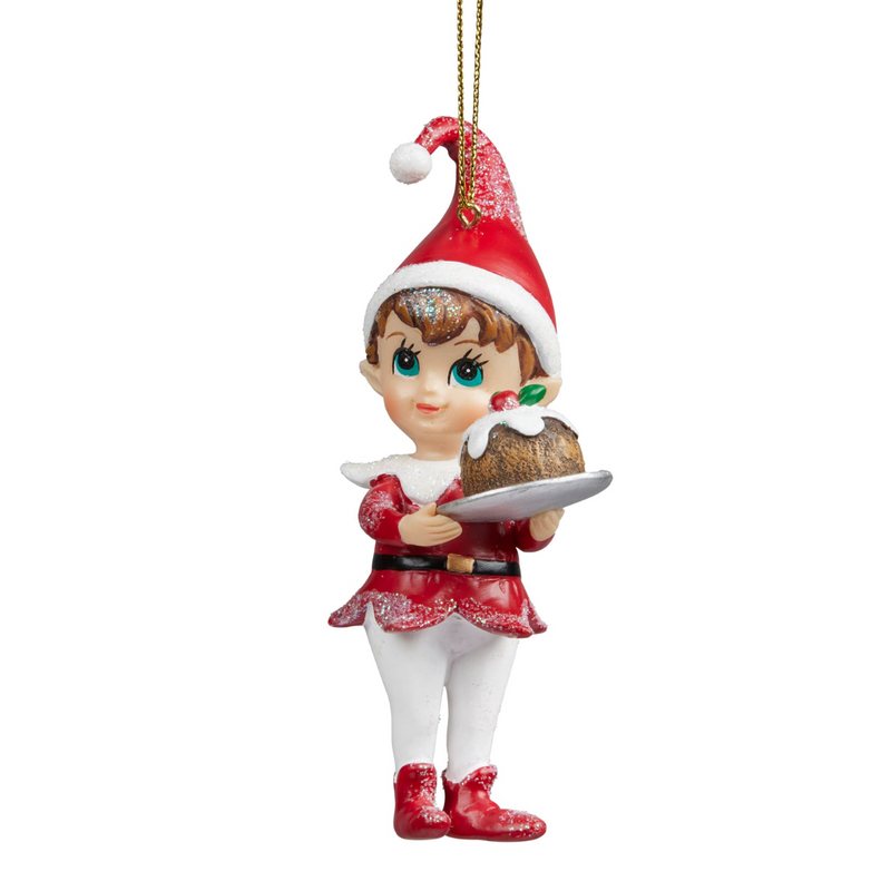 Christmas Elf figurine holding pudding, 11cm tall, festive decoration with holiday outfit and cheerful expression