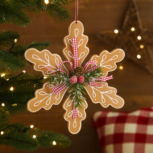 Gingerbread snowflake Christmas ornament with white icing design, 15cm