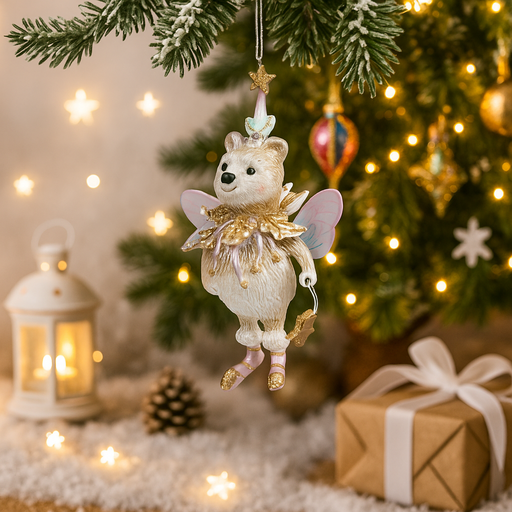 13cm Christmas fairy bear decoration with jeweled outfit and wings, perfect for whimsical holiday décor