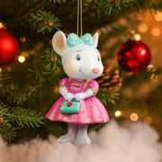 Christmas mouse decoration holding a festive bag, 8cm tall, perfect for tree or holiday display
