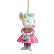 Christmas mouse decoration holding a festive bag, 8cm tall, perfect for tree or holiday display