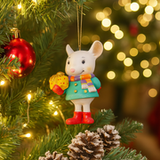 Christmas decoration mouse holding a gift, 8cm tall, perfect for tree ornament or festive display
