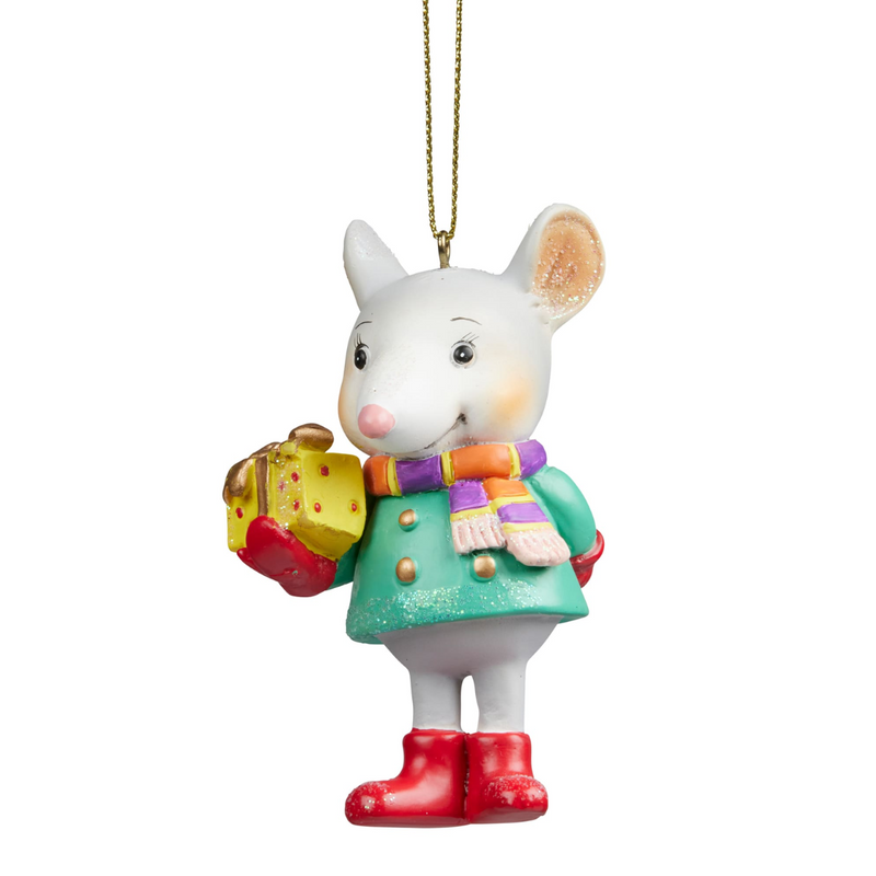 Christmas decoration mouse holding a gift, 8cm tall, perfect for tree ornament or festive display