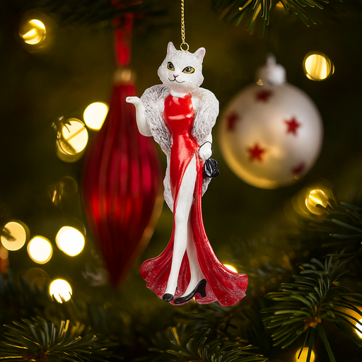 Christmas Mrs. Cat decoration figure, 11cm tall, wearing holiday clothes, ideal for festive home décor or cat-themed displays