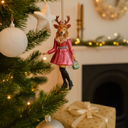 13cm Mrs. Reindeer Christmas figurine in festive dress, ideal for holiday shelf or tabletop decoration