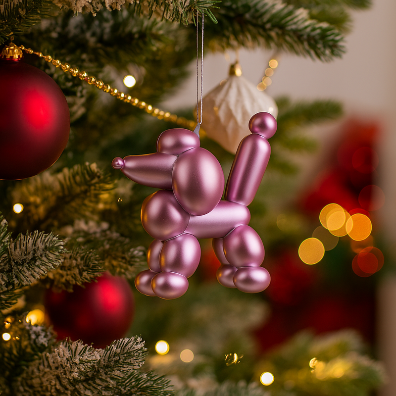 10cm pink balloon poodle Christmas decoration with glossy finish, perfect for quirky holiday displays