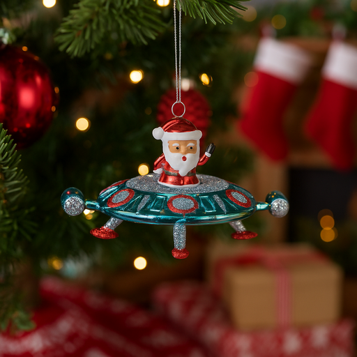 11cm Christmas decoration of Santa Claus in a spaceship, fun and festive holiday ornament with space-themed design