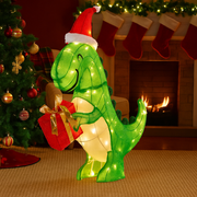 Christmas dinosaur decoration with Santa hat, holding a present, lit with LED lights, 90cm tall for indoor and outdoor use