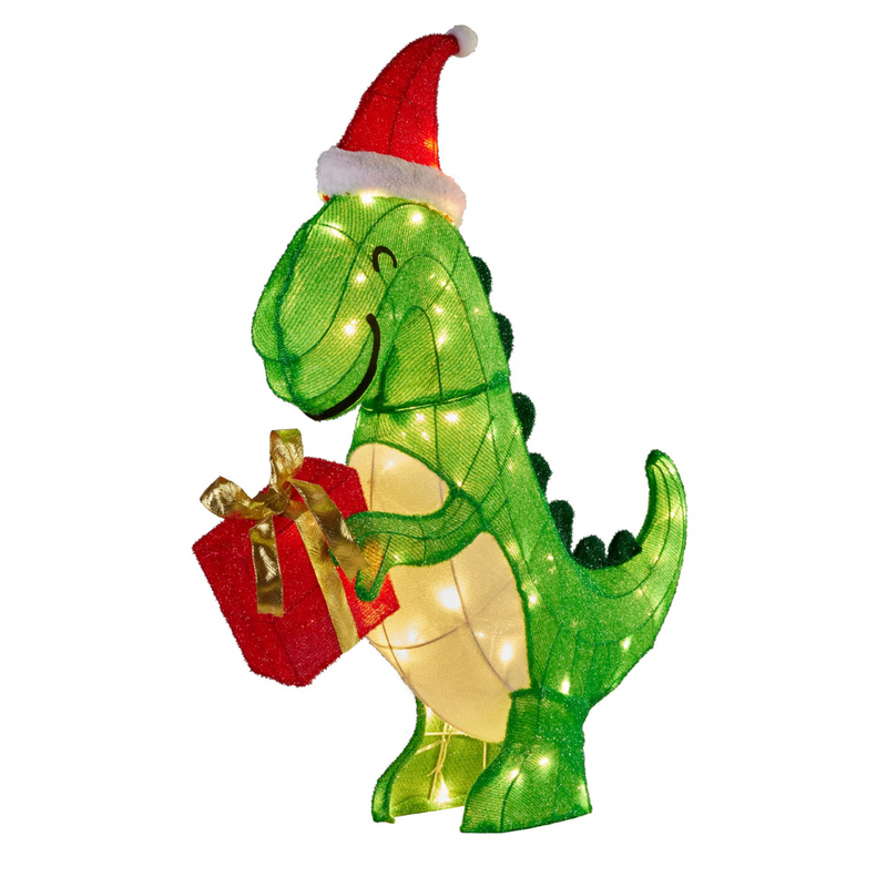 Christmas dinosaur decoration with Santa hat, holding a present, lit with LED lights, 90cm tall for indoor and outdoor use