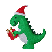 Christmas dinosaur decoration with Santa hat, holding a present, lit with LED lights, 90cm tall for indoor and outdoor use