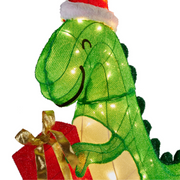 Christmas dinosaur decoration with Santa hat, holding a present, lit with LED lights, 90cm tall for indoor and outdoor use