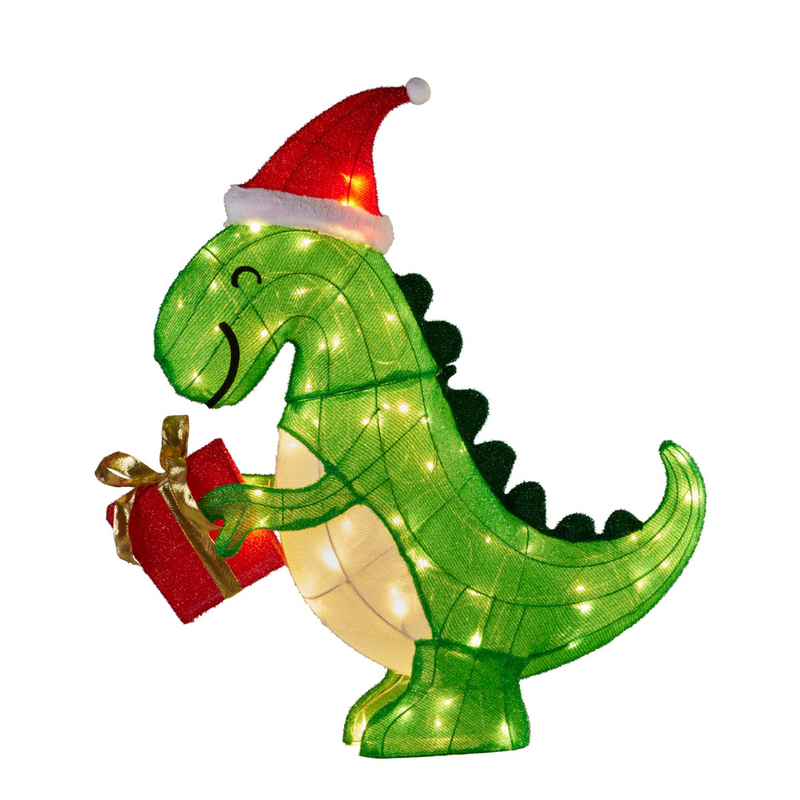 Christmas dinosaur decoration with Santa hat, holding a present, lit with LED lights, 90cm tall for indoor and outdoor use
