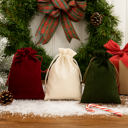 Assorted 2-pack drawstring Christmas gift bags, 13x18cm, in festive designs