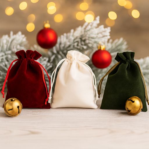 3-pack assorted Christmas drawstring gift bags, 9x12cm, festive mini fabric bags