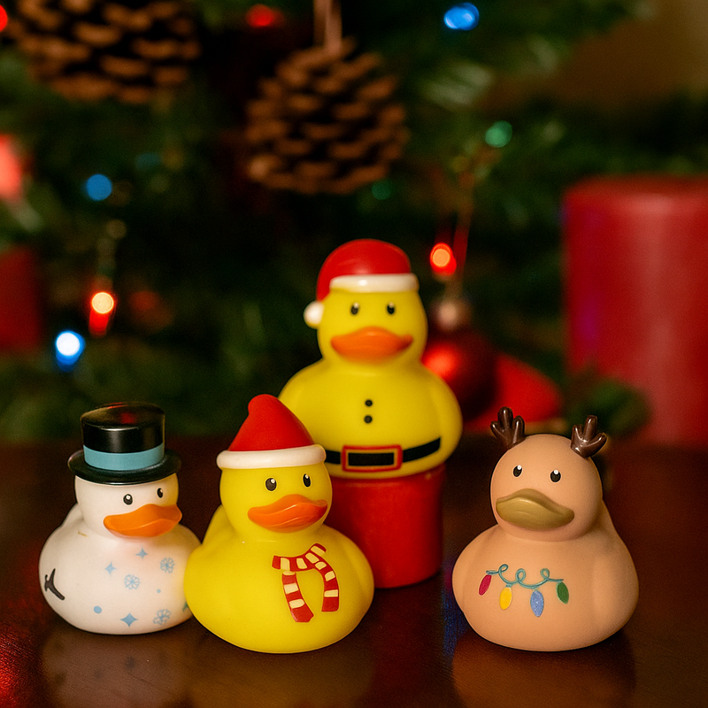 Assorted 10cm vinyl Christmas ducks in festive outfits – perfect for fun holiday decorations or stocking stuffers