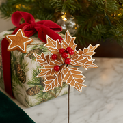 Gingerbread-style poinsettia Christmas flower pick with glitter accents, 30cm long