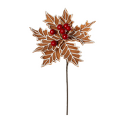 Gingerbread-style poinsettia Christmas flower pick with glitter accents, 30cm long