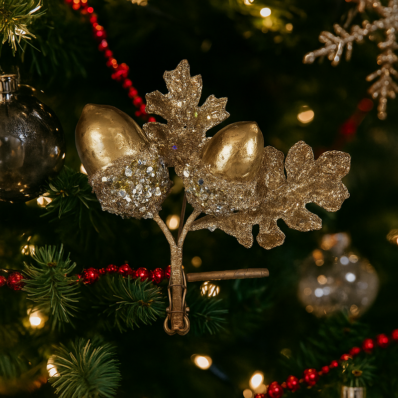 Gold Christmas flower with glitter acorn accents and clip-on backing, 21cm