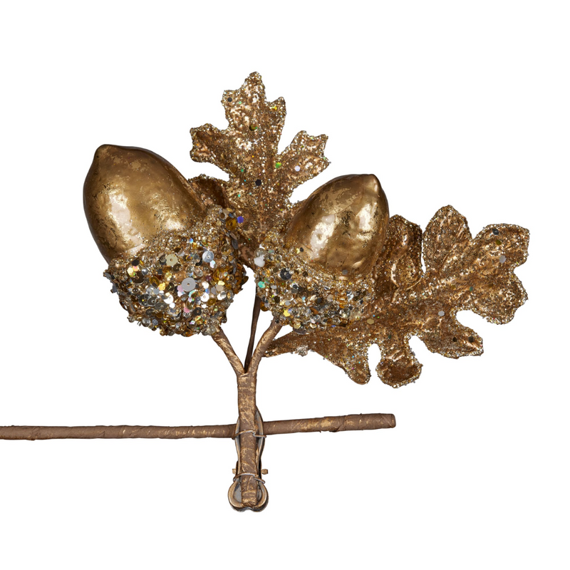 Gold Christmas flower with glitter acorn accents and clip-on backing, 21cm