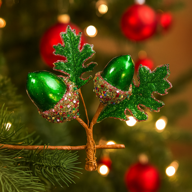 21cm green Christmas flower with acorn accents and clip-on attachment