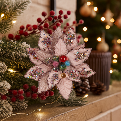 Pink poinsettia Christmas flower with clip, 23cm wide, with shimmer accents