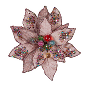 Pink poinsettia Christmas flower with clip, 23cm wide, with shimmer accents