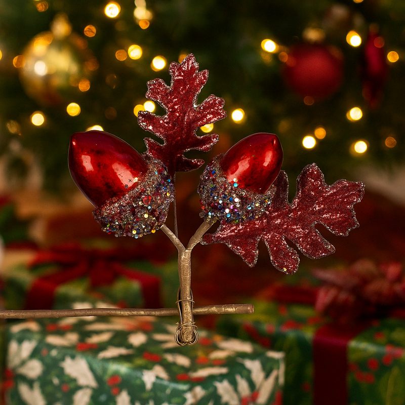 21cm red Christmas flower with acorn accents and clip-on backing