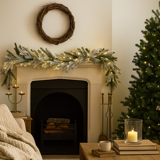270cm flocked Christmas garland with Canadian fir-style greenery and snow-dusted finish