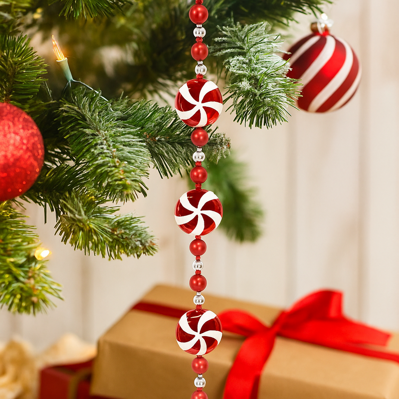180cm Christmas garland with candycane, lollipop, and bauble decorations in red and white