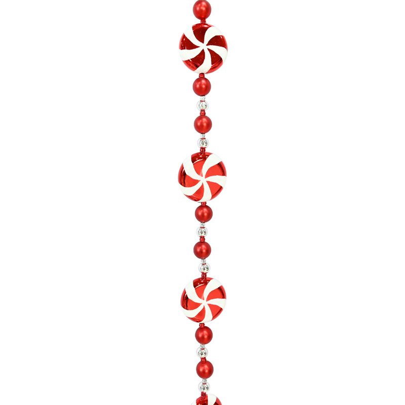 180cm Christmas garland with candycane, lollipop, and bauble decorations in red and white