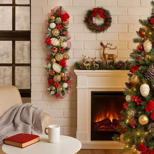 100cm Christmas garland with festive flowers and greenery, ideal for mantels, tables, or shelf decorations