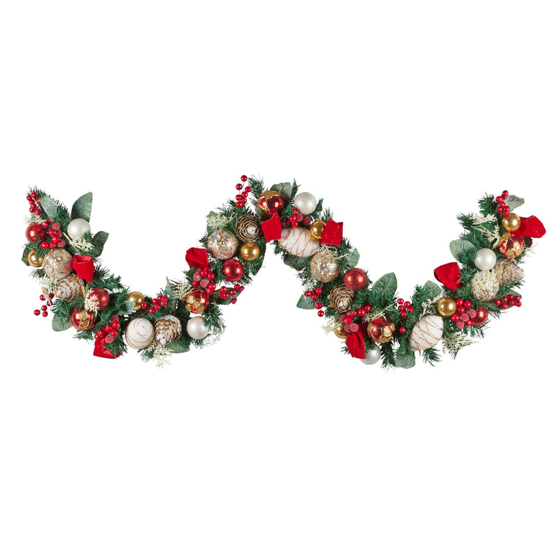 185cm Christmas garland with festive flowers, greenery, and decorative accents for holiday decorating