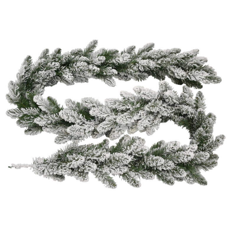 Flocked Pollino Christmas garland 270cm with 210 snow-covered tips for winter-themed holiday decorating