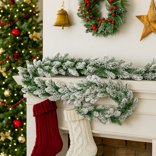 Flocked Pollino Christmas garland 270cm with 210 snow-covered tips for winter-themed holiday decorating