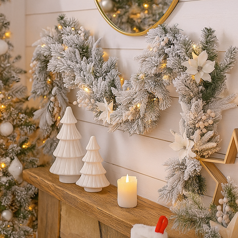 274cm frosted Christmas garland with warm white lights and snow-dusted greenery