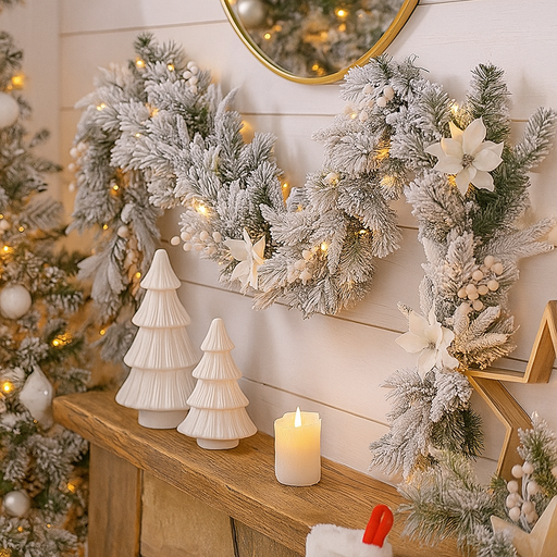 274cm frosted Christmas garland with warm white lights and snow-dusted greenery
