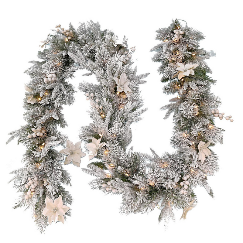274cm frosted Christmas garland with warm white lights and snow-dusted greenery