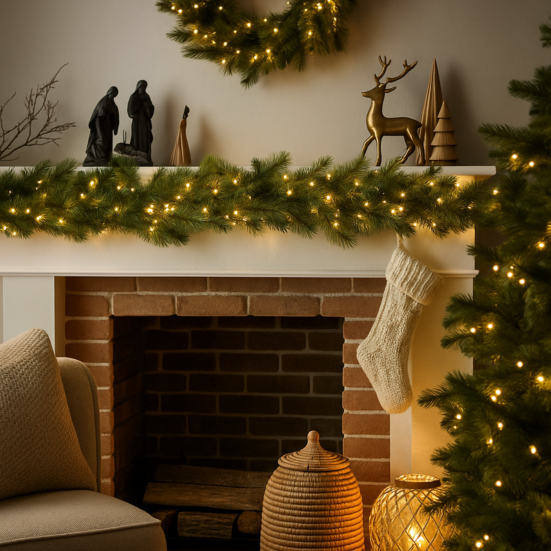 2.7m Green Hill Christmas garland with 170 tips and 400 warm white cluster LEDs – pre-lit holiday garland for mantels and staircases