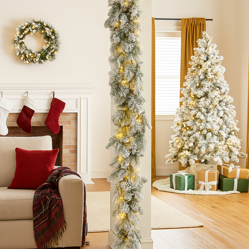 274cm Christmas garland with snow-frosted green pine foliage