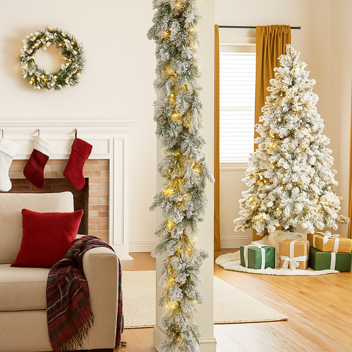 274cm Christmas garland with snow-frosted green pine foliage