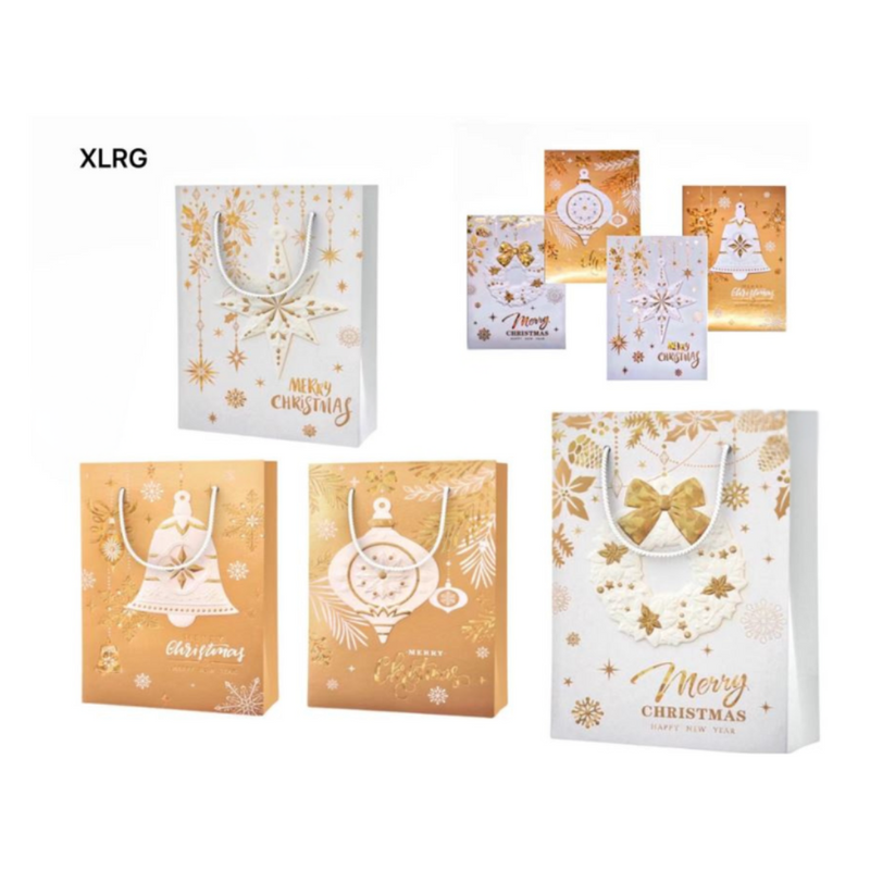 Christmas Gift Bag 3D Golden White Foil Xl 4 Asstd
