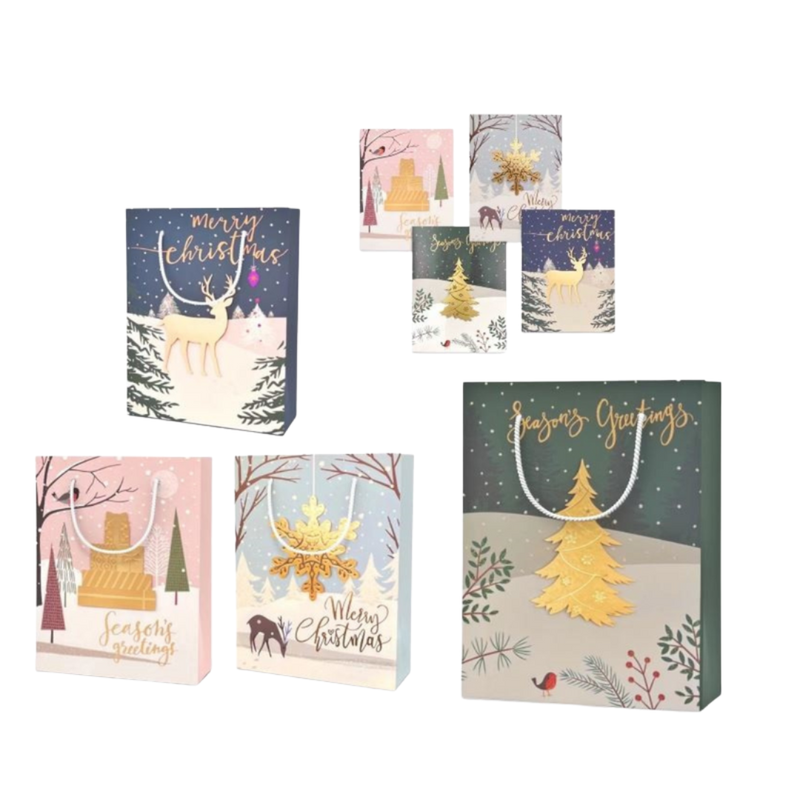 Christmas Gift Bag A Snowy Forest Foiled 3D Large Asst