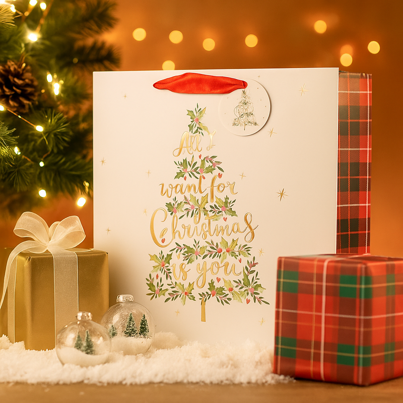 Large square Christmas gift bag with 'All I Want For Christmas Is You' text, 25x25x10cm